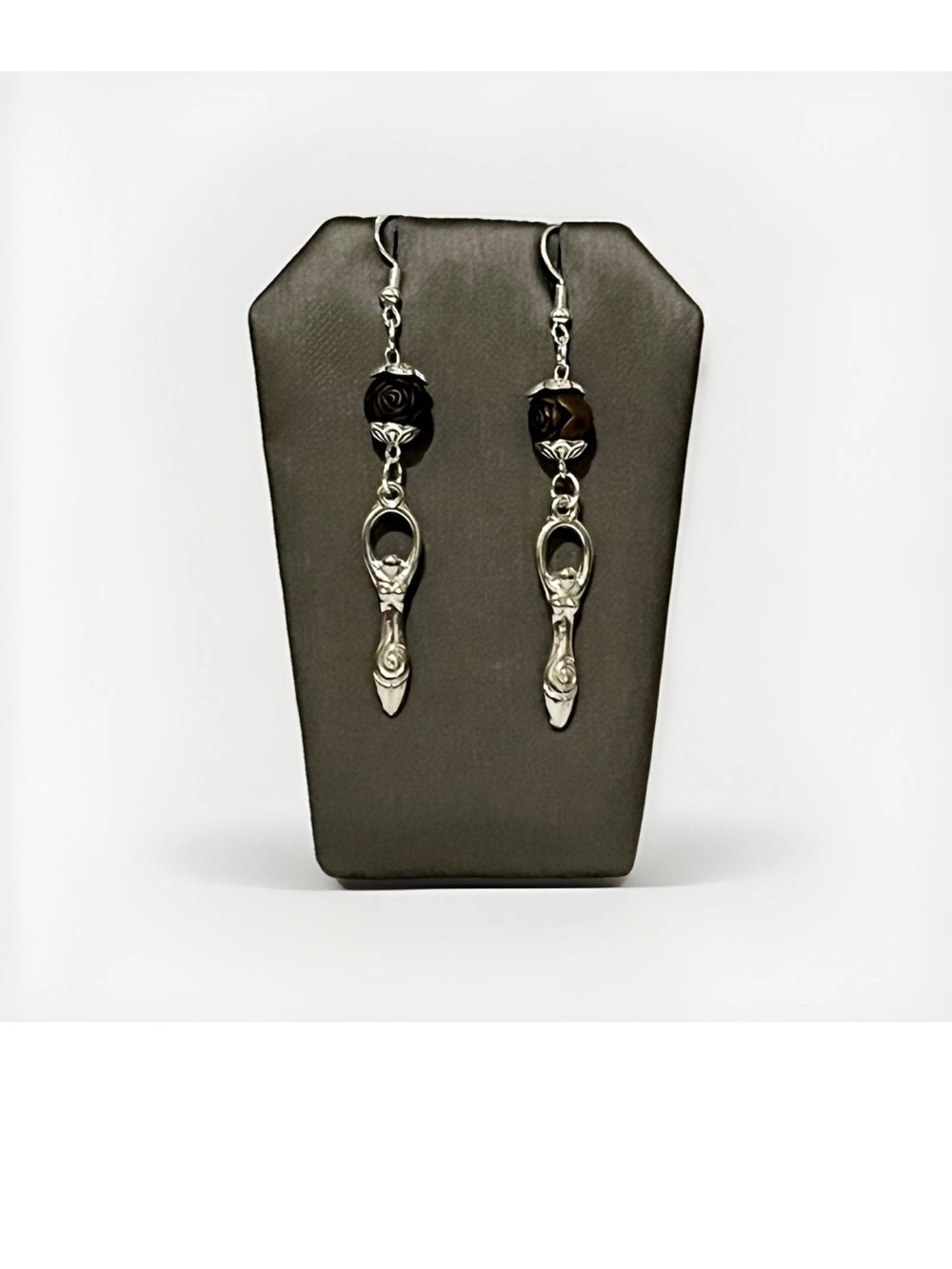 Spiral Goddess Earrings Silver Dangle Black Rose Bead Wicca Pagan Gothic Goth